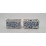 A pair of mid 18th century Liverpool Delftware flower bricks, painted in blue, length 11.5cm.