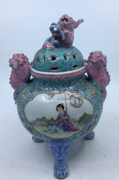 A Chinese republican period porcelain twin handled censer and cover, height 22cm.  Condition note: