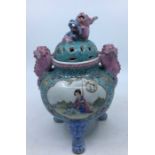 A Chinese republican period porcelain twin handled censer and cover, height 22cm.  Condition note: