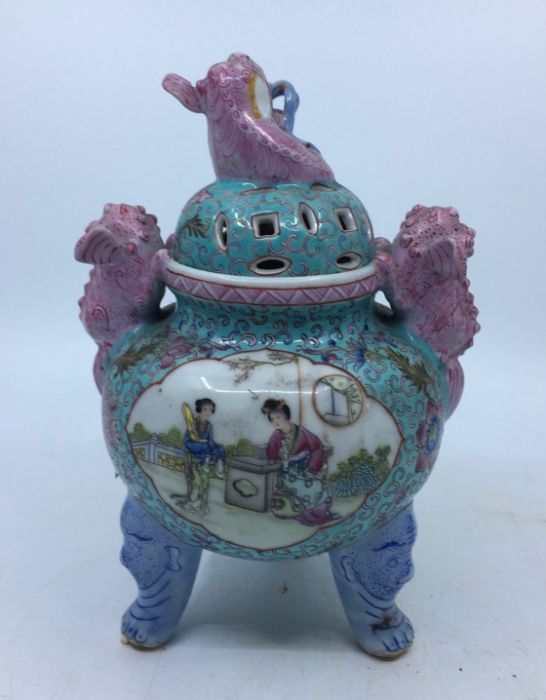 A Chinese republican period porcelain twin handled censer and cover, height 22cm.  Condition note: - Image 2 of 6