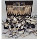 A cased canteen of silver plated flatware for six, together with a large quantity of silver plated