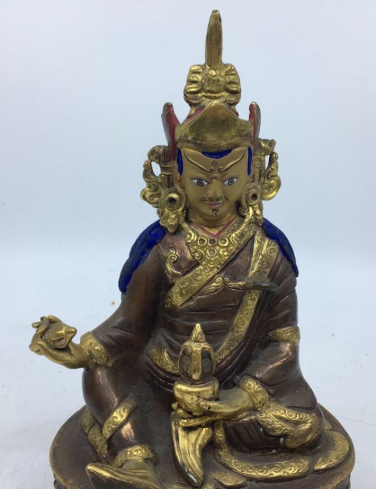 A 20th century Sino-Tibetan polychrome painted gilt-copper figure of seated Vajrasattva, height - Image 2 of 5