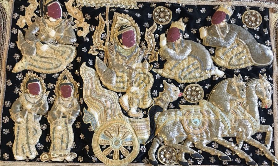 A 20th century Far Eastern embroidery wall hanging, probably Thailand, 104cm x 146cm. - Image 4 of 9