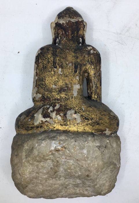 A 20th century carved stone figure of Buddha, with remians of gilt, particularly to back, height - Image 4 of 5