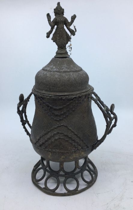 A 20th century Indian bronze twin handled jar, raised upon pierced pedestal foot, the associated