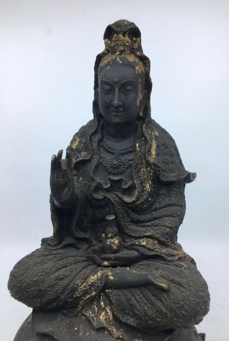 A 20th century Chinese bronze figure of Guanyin, seated upon tortoise, traces of gilt remaining, - Image 2 of 5