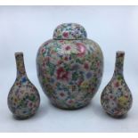 An early 20th century Chinese porcelain garniture Millefleur pattern ginger jar and cover together