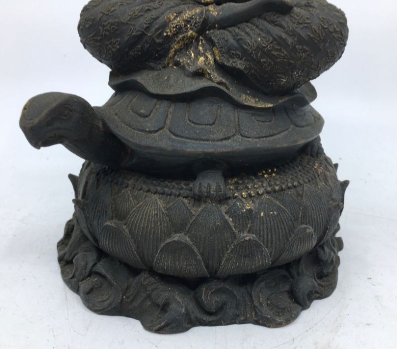 A 20th century Chinese bronze figure of Guanyin, seated upon tortoise, traces of gilt remaining, - Image 3 of 5