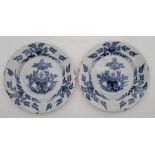 A pair of mid 18th century Lambeth Delftware plates, painted in blue, diameter 22.8cm. (2) Condition