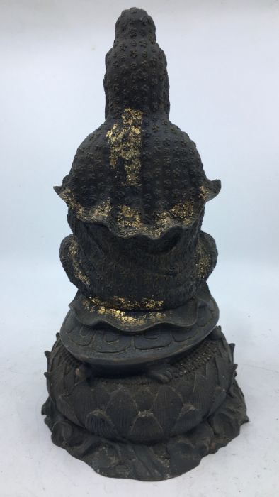 A 20th century Chinese bronze figure of Guanyin, seated upon tortoise, traces of gilt remaining, - Image 4 of 5