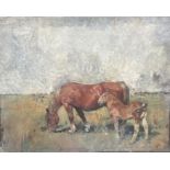 A large unfinished 20th cent oil study of horse and foal