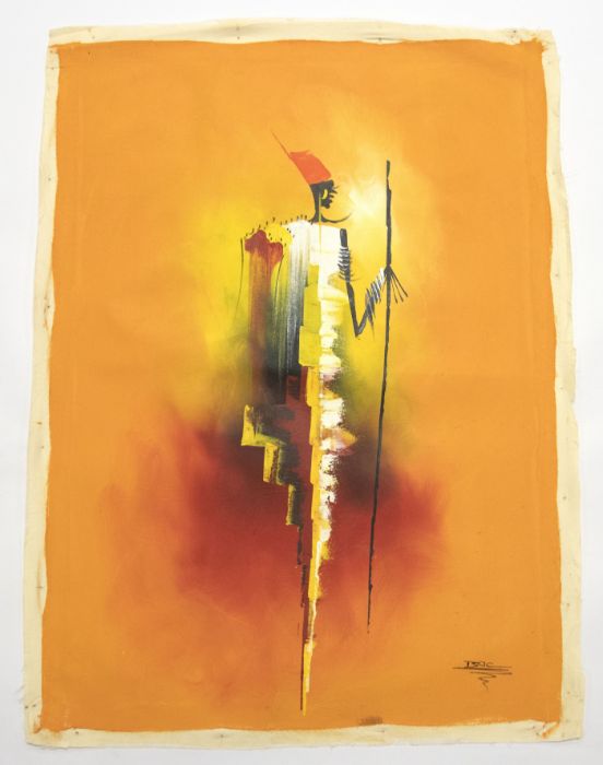 A collection of 5 unframed paintings by Ghanaian artist Isac of abstract figures. Dimensions