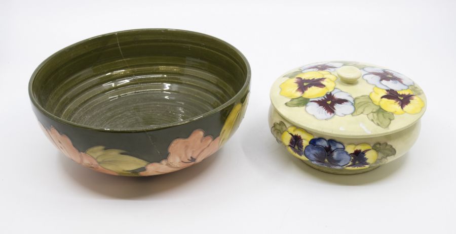 Moorcroft bowl (as found) and a Moorcroft pansy pattern powder bowl