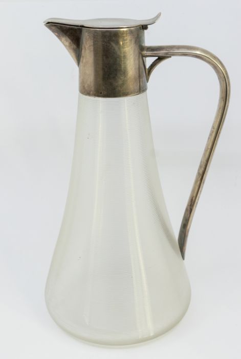 An Art Deco style WMF silver plated and ribbed glass ewer/claret jug with lid. Marks to rim of