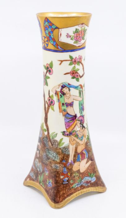 A large Bavarian ceramic vase made by H & Co, designed and hand painted with a design of a ladies