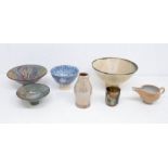 Collection of studio pottery dishes and pots comprising Derek Myer footed bowl, diameter approx 22.