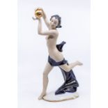 Goldscheider figure of female draped in blue cloth with golden orb in her hands. Height approx 30cm.