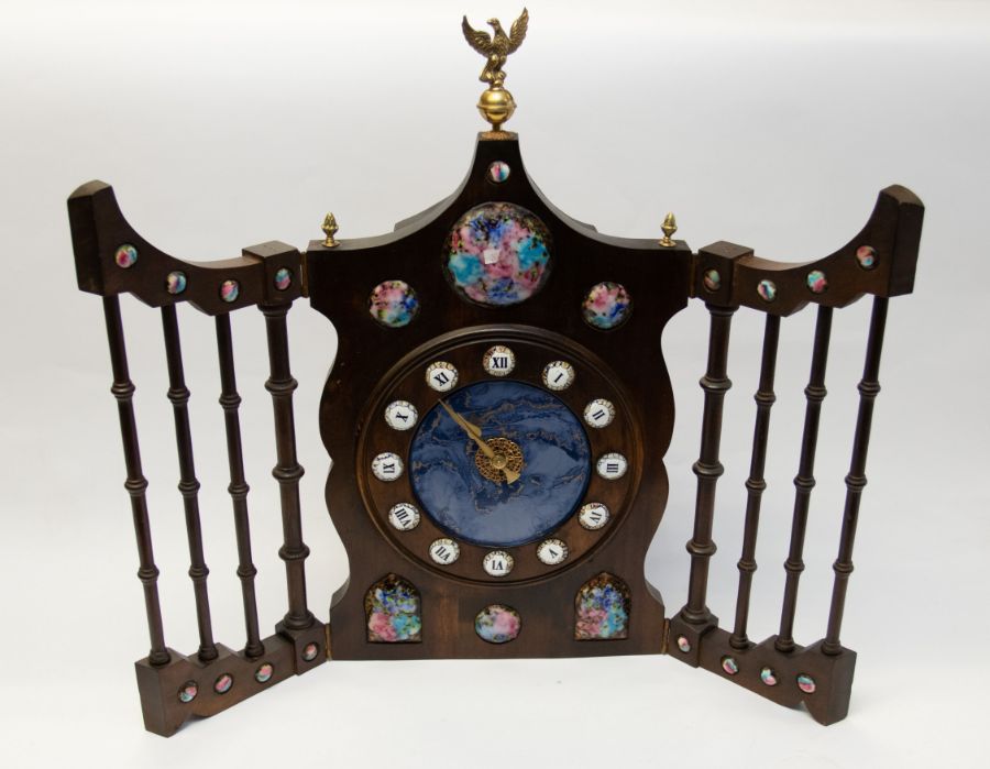 Art Deco style pottery mantel or table clock, with very unusual and brightly decorated designs of