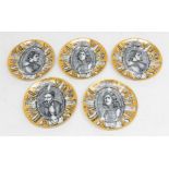 A set of five Pittori Italiano Fornasetti Milan plates. Gilded litho prints, date c.1950s, size 21.