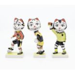 Lorna Bailey group of 3 football related cat figures. Height approx 15.5cm. No signs of damage.
