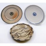 Seth Cardew studio pottery shallow bowls one depicting doves and the other two with spiral