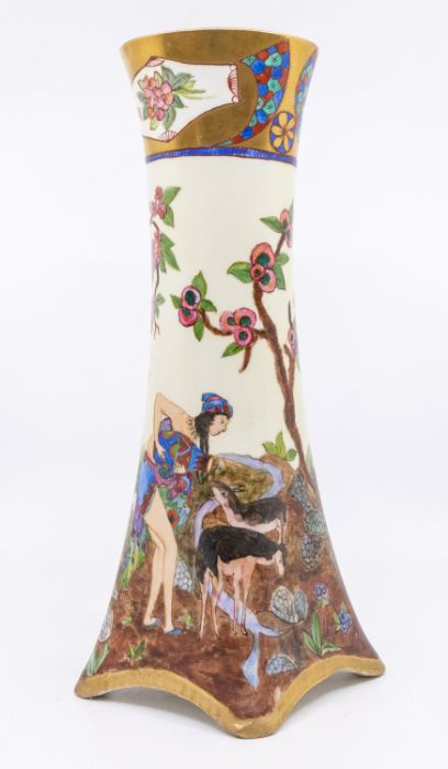A large Bavarian ceramic vase made by H & Co, designed and hand painted with a design of a ladies - Image 2 of 3