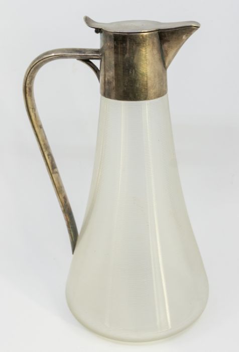 An Art Deco style WMF silver plated and ribbed glass ewer/claret jug with lid. Marks to rim of - Image 2 of 3