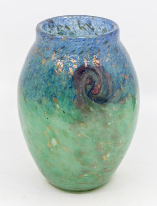 A large Scottish Monart Art Glass vase, the body in the Aventurine, mottled green colours with a