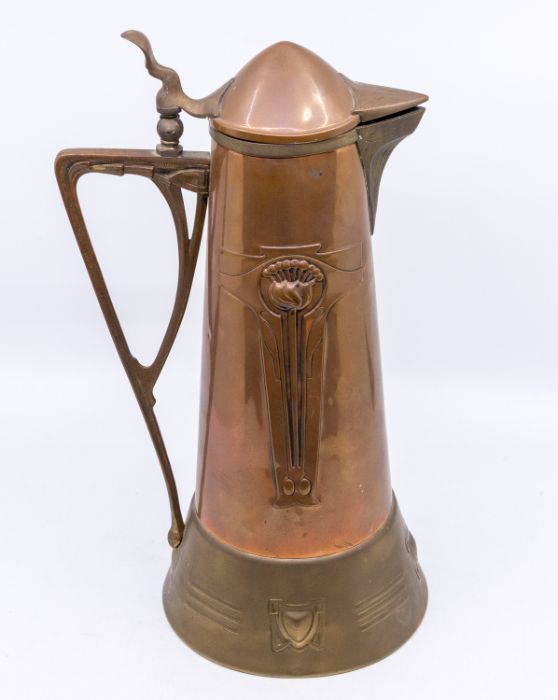 An Arts & Crafts large Jugendstil copper water jug with layered brass to rims and handle. An Art - Image 2 of 3