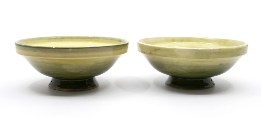 A pair of Moorcroft 'Spring Flower' small footed bowls designed by Walter Moorcroft on light green - Image 3 of 5