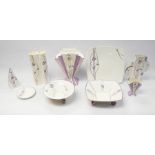 Brian Wood ceramics Charles Rennie Mackintosh lilac rose design items to include fan vase, sugar