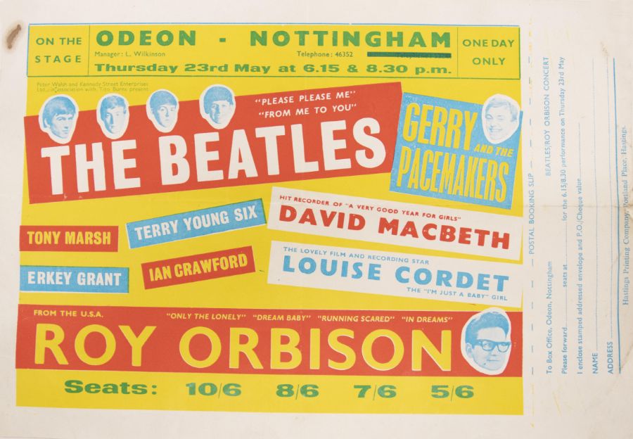 THE BEATLES - Roy Orbison Original 1963 Handbill with Ticket Booking Slip. Thursday 23rd May 1963 at