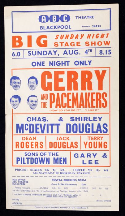 GERRY and the PACEMAKERS - ABC Sunday Night Show - ABC Blackpool Theatre Original Handbill August