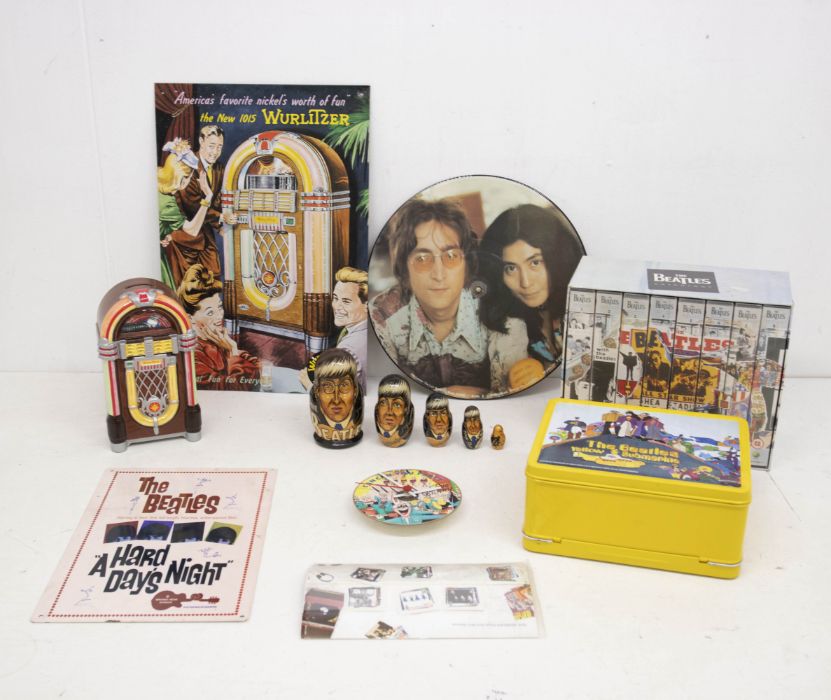 2 x Boxes of Music Memorabilia including Fender lunchbox, Beatles Yellow Submarine Lunchbox x 2