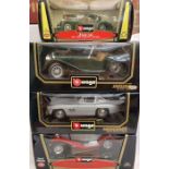 Diecast: A collection of four Burago models, Mercedes SSK, Mercedes 300SL, Jaguar SS100, all 1:18