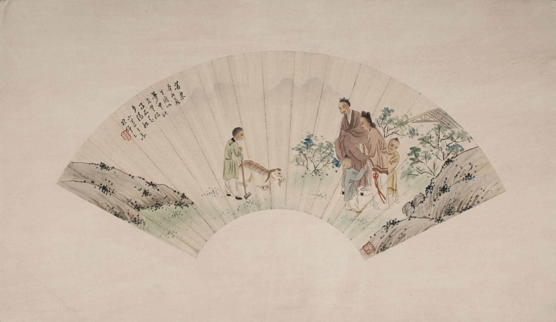 FAN PAINTING DEPICTING A FAMILIY AND A FARMER