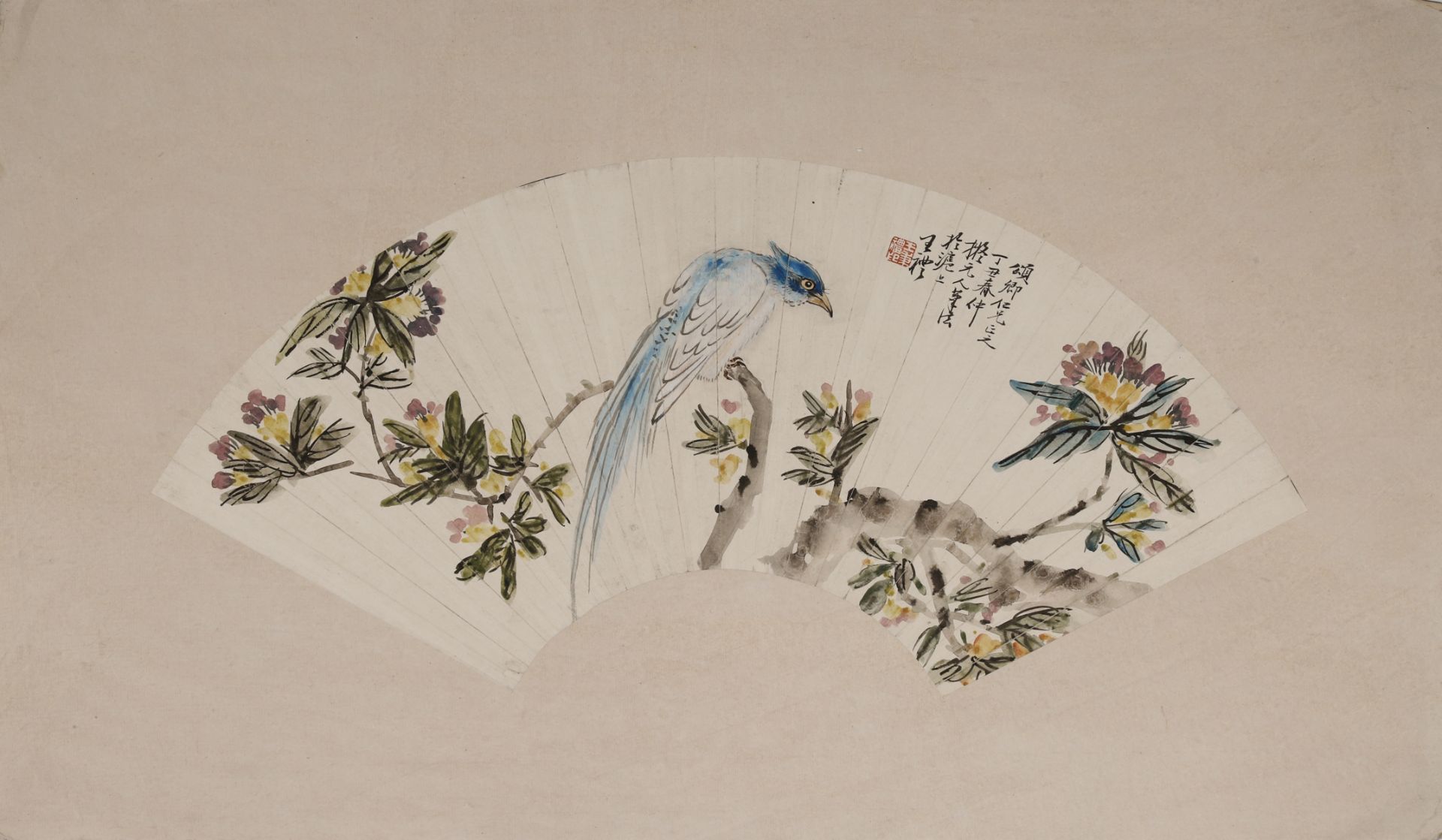 FAN DEPICTING FLOWERS & BIRD