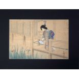 Japanese Colour Print: ""lady on Verandah"" Signed. Approx 40x30cm