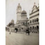 Group of photographs, on album pages, on card and cabinet cards, Kuala Lumpur, skiers and