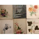 Postcards, hand painted and real flowers. Late 19thC and early 20thC. (10) Approx 10x14cm