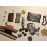 Various items, military badges, harmonica, costume jewellery.