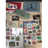 Stamps and cigarette cards and other ephemera Approx total lot 39x23x7cm