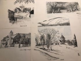 Pen & ink sketches, most signed & dated. To include Chalfont St Giles, Oxted & Seale