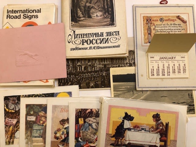 Ephemera, incl postcards, birthday cards, Clarice Cliff postcards, embossed art card. Approx 16x14cm