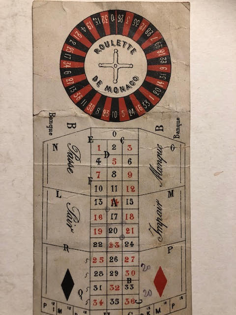 Casino vintage roulette cards. One marked Roulette De Monaco, du Casino Monte Carlo. Worn and used