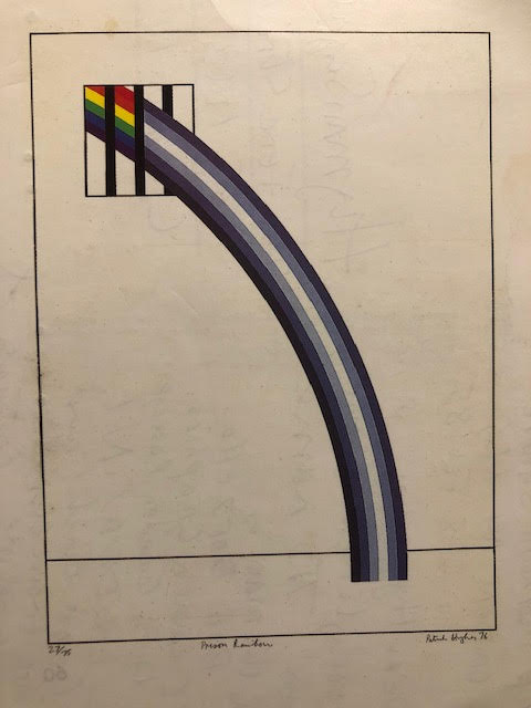 Patrick Hughes postcard, Prison Rainbow. Signed and written 28th Feb 1985, To Hyman Segal.