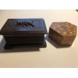 Two wooden boxes. 20thC, dark and light wood, both with lids Approx 13x8x6cm Dia 9cm