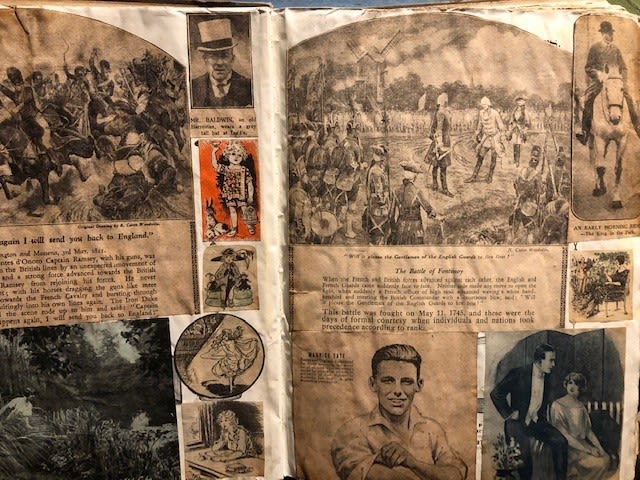 Large scrapbook from 1930?s. Scraps, newspaper cuttings, cartoons etc. Approx 22x28x5cm - Image 4 of 6