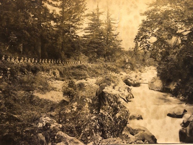 Japanese photographs mounted on card. Ancient buildings and a river with statues and a figure with - Image 5 of 9