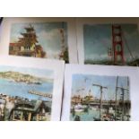 Selection of prints, San Francisco, birds, 2 of ships on material. (9)